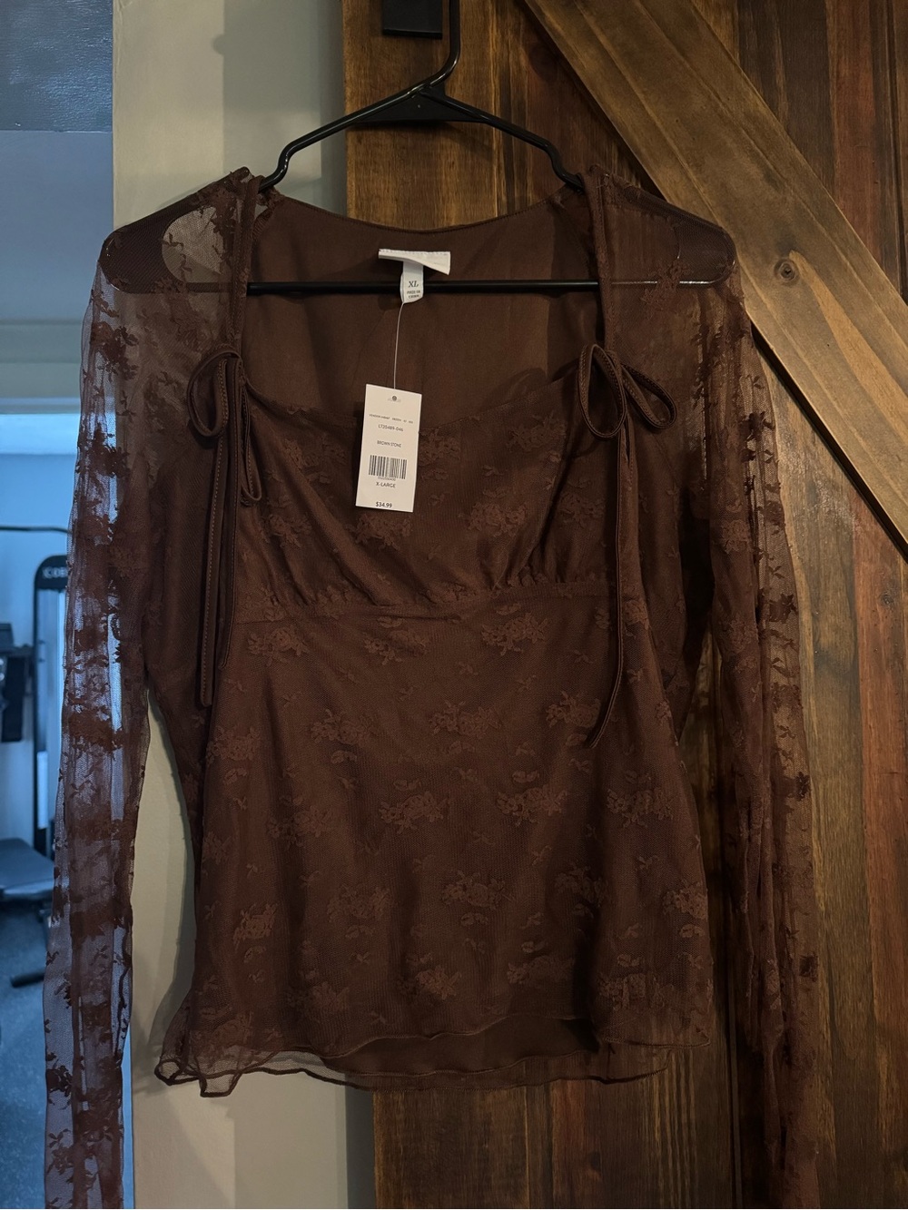 Brown Sheer Lace Tie-Shoulder Blouse